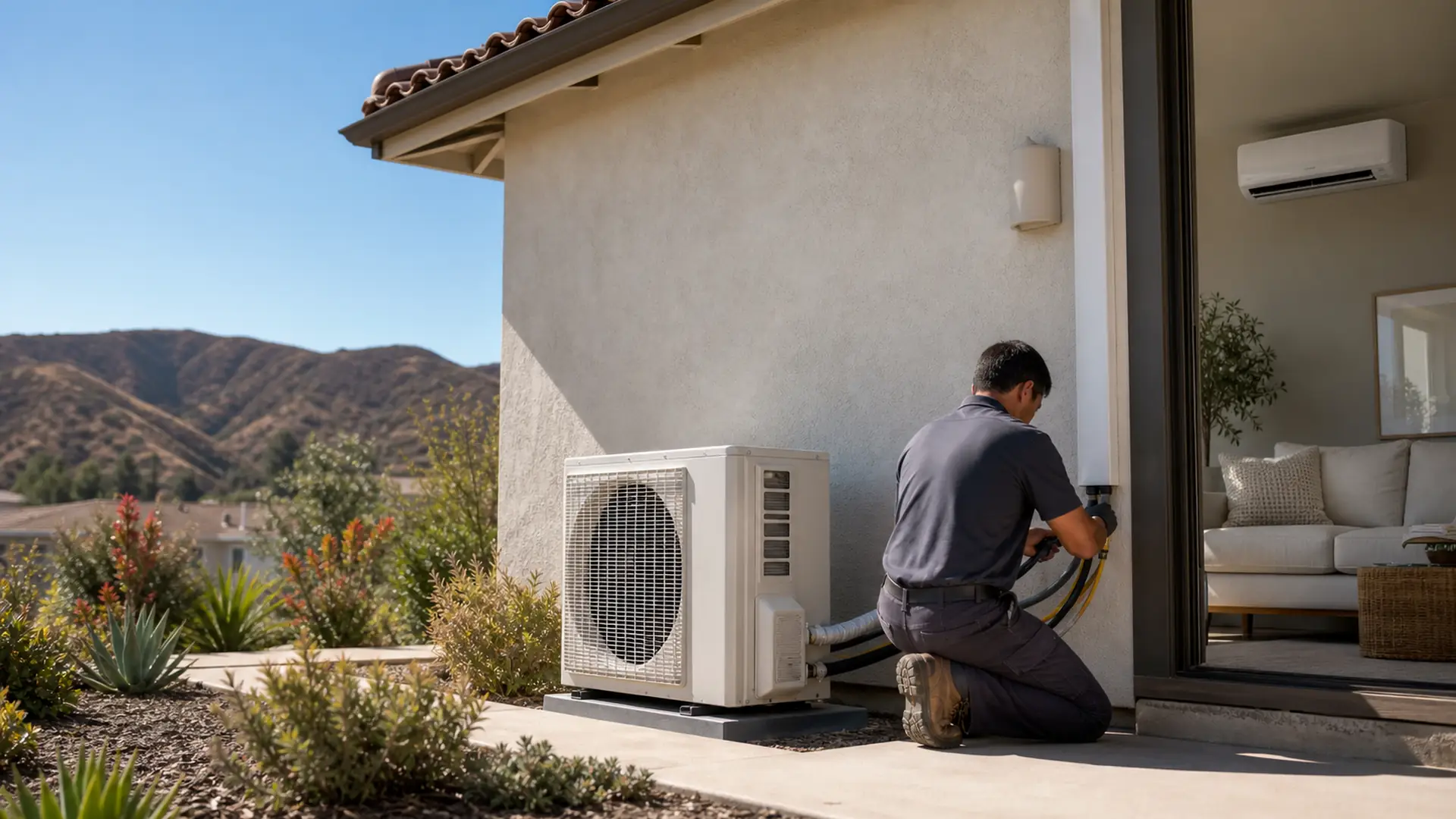 Mitsubishi Electric mini-split condenser beside a 1930s Spanish cottage in Magnolia Park, Burbank